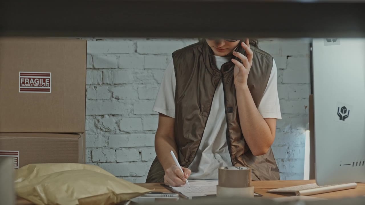 Person packing orders at a table in a small warehouse